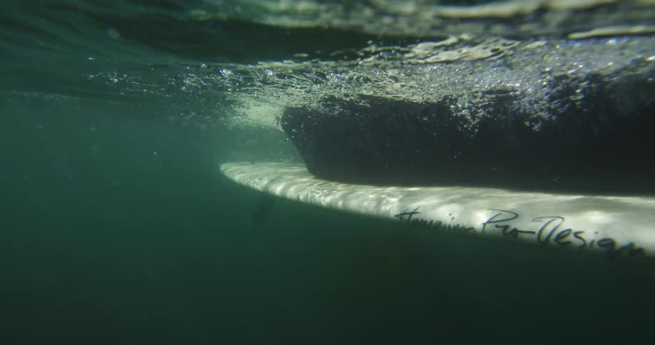 A underwater view of a man on a surf board