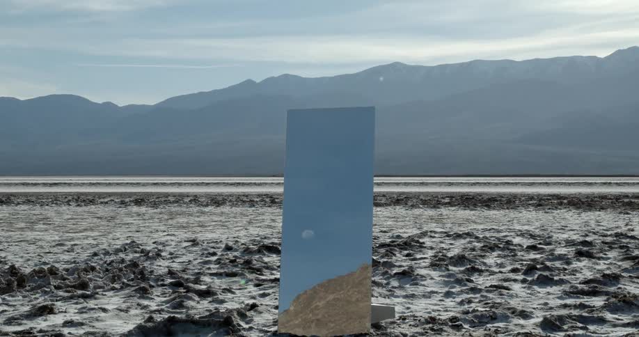 Blue structure sits in a field near the mountains on a sunny day