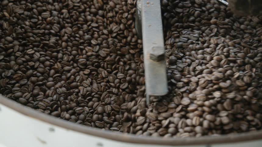 Coffee beans turning in a roaster