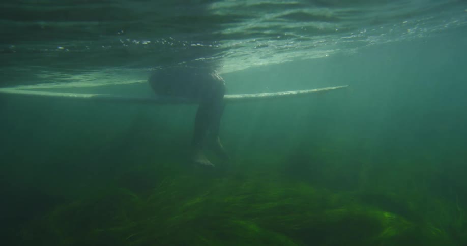 Male surfer sits on a surfboard in the sea