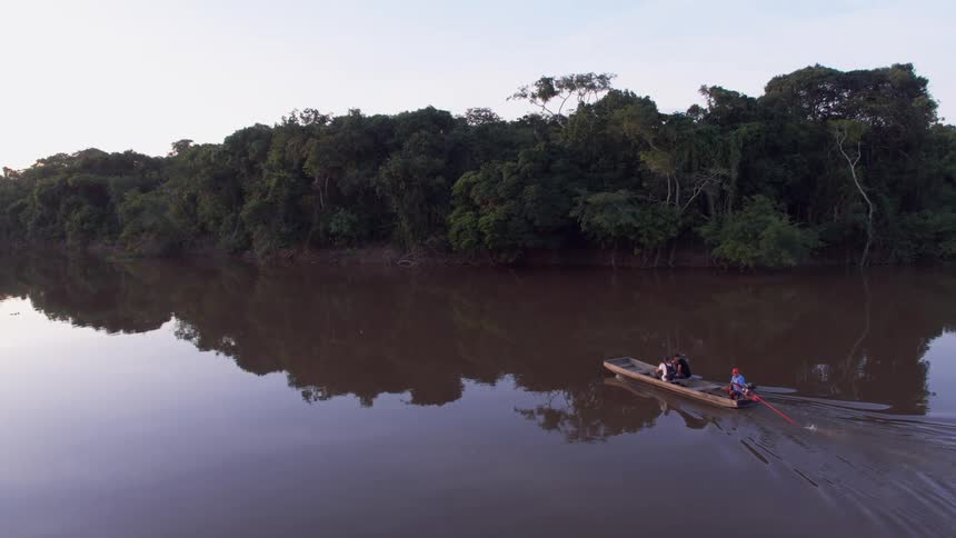 Two people are riding in a boat by the swamp
