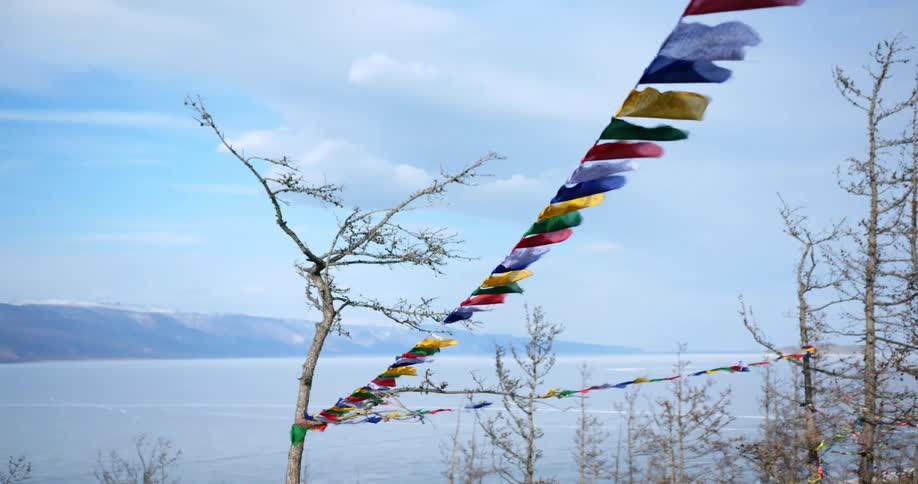A decoration of different color fabric blows in the wind while tied between bare trees