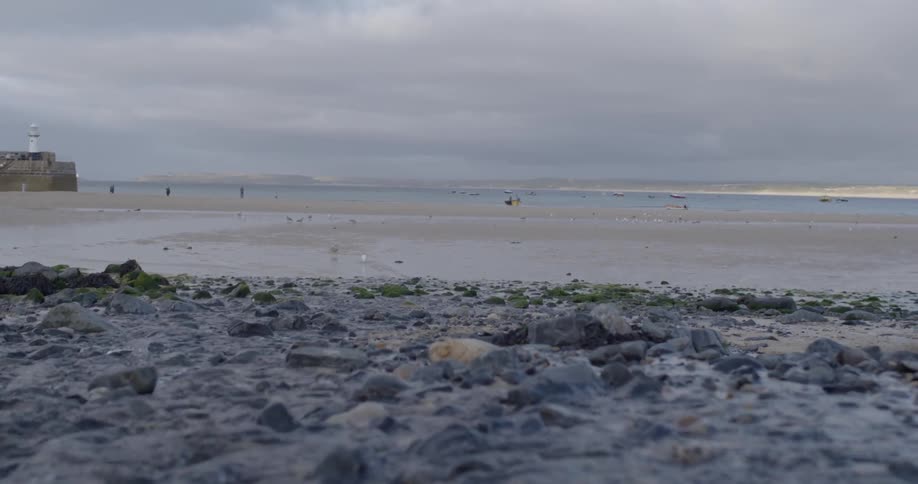 The shore is covered with many rocks on a cloudy day