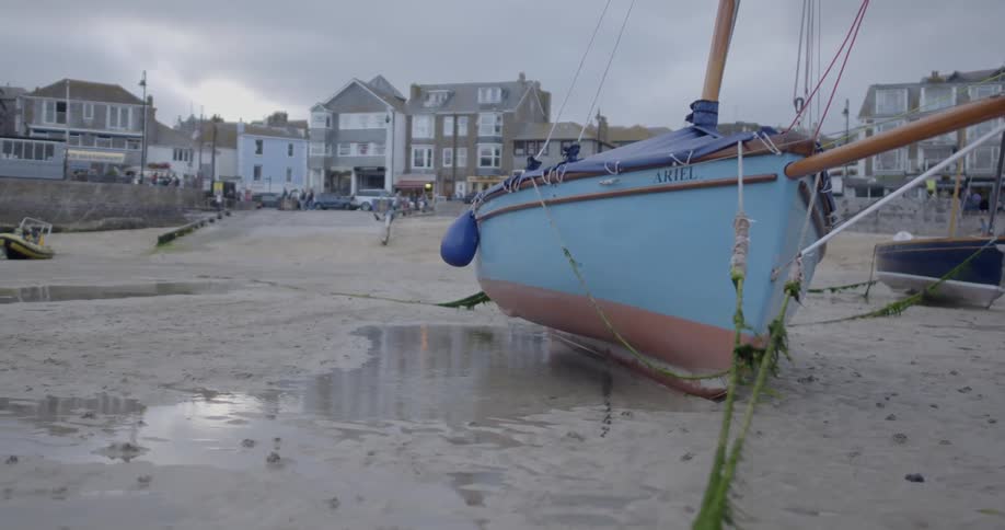 A boat is sitting in a puddle on the beach