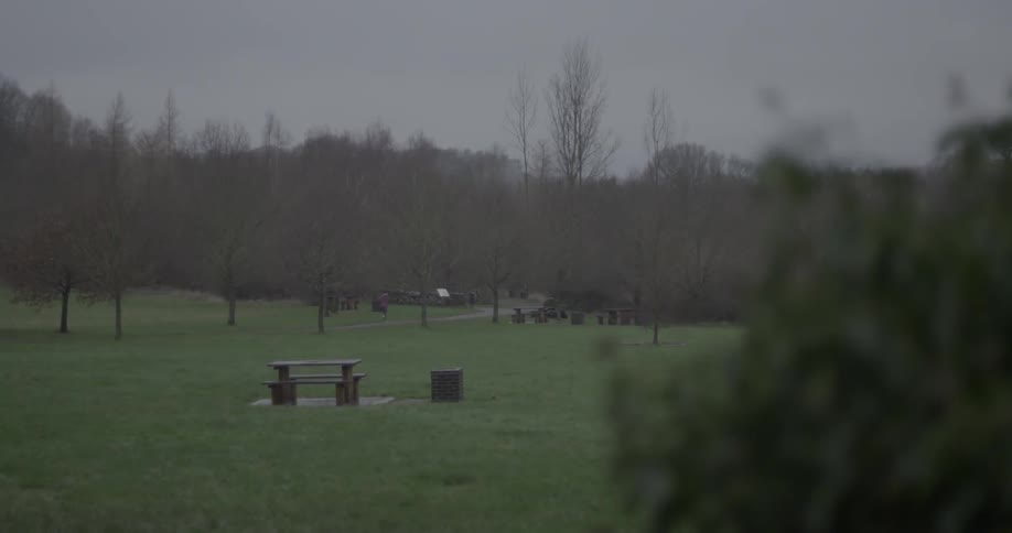 A park has a single bench with a person running in the distance