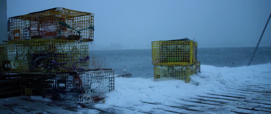 Wind blows snow along a boat dock lined with lobster traps