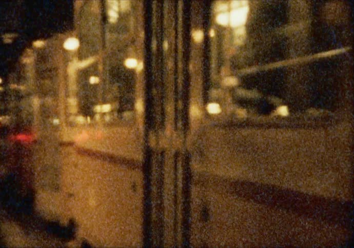 A tram passes by on a cold night in Budapest