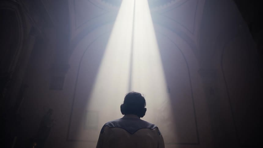 Elderly man takes hat off while standing inside a church with sunlight filtering through the ceiling