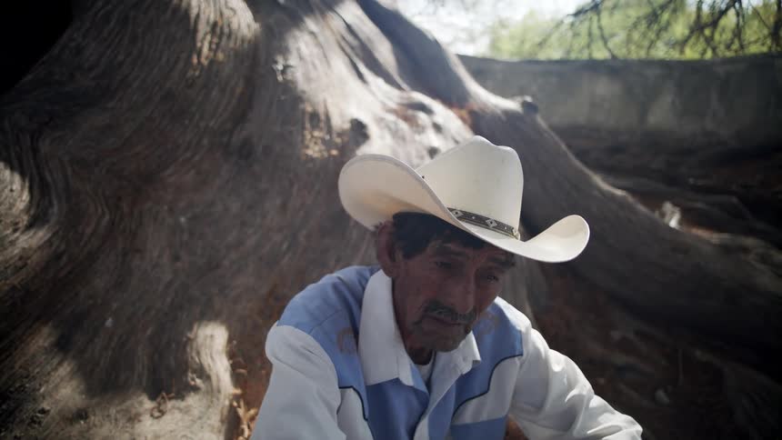 An elderly hispanic man in a cowboy hat sits in the shade of a large tree