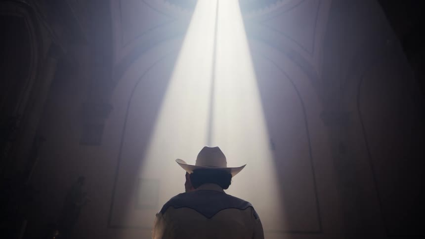 A man puts on a cowboy hat in the church