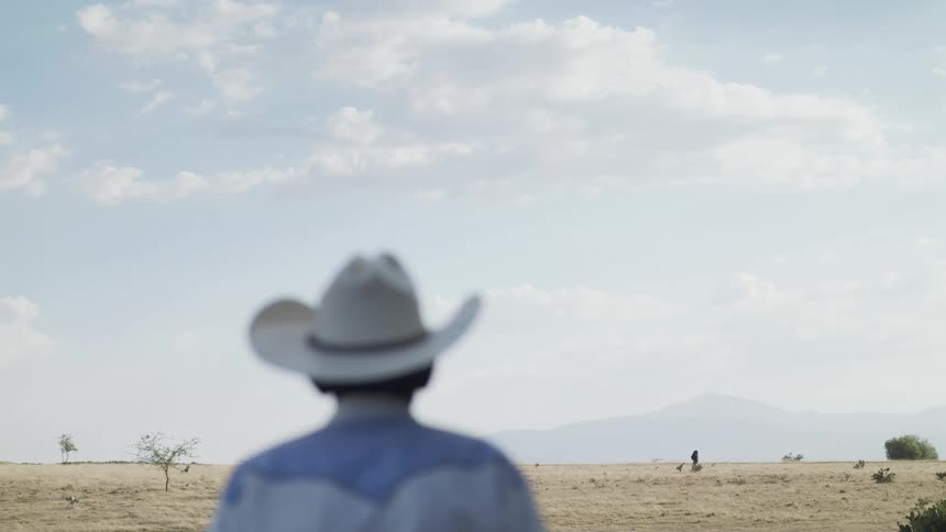 Man wearing a cowboy hat watches a woman in a dress walk through the desert