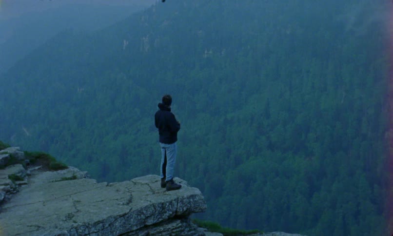 Man walks to the edge of a cliff and looks out at the forest below