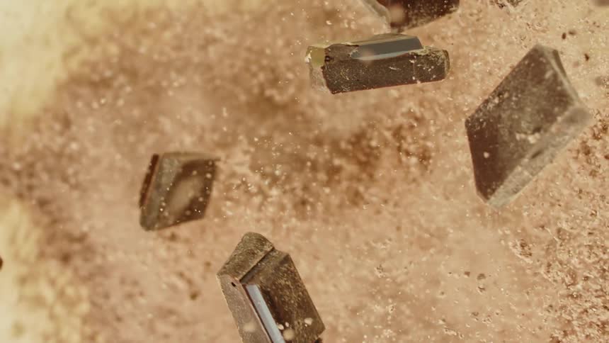 Chocolate bar pieces explode into air falling back among smaller particles