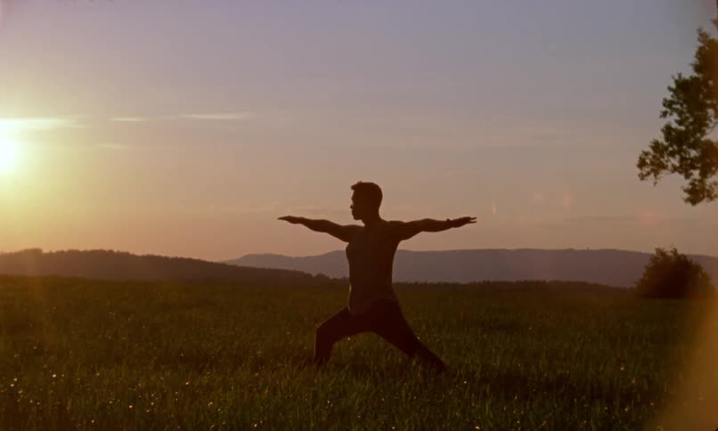 A man stands in a grassy field while practicing yoga poses