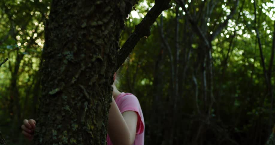 Blonde girl with a pink shirt climbs a tree in a forest