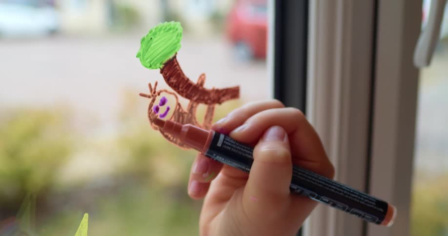 A small hand uses a brown marker to draw an animal hanging from a tree on the window