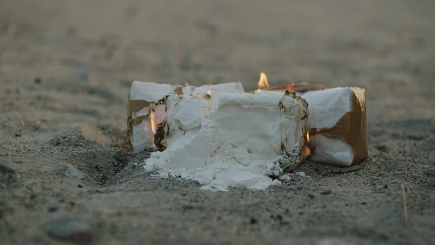 A log burns to ashes in the sand