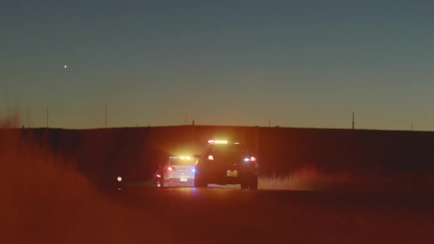 Cop cars are driving down a road at dusk