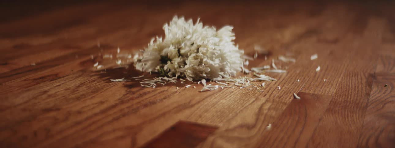 Flowers and petals rest on a wood surface