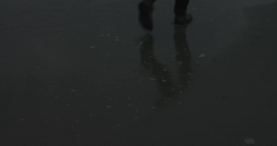 A person walks on a beach near the water