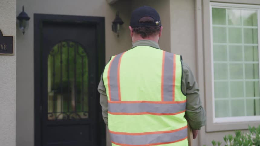 A delivery man leaves groceries on a front step of a home