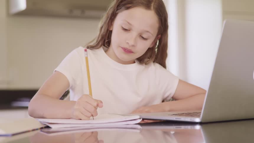 A young girl looks at her laptop and then writes in a notebook
