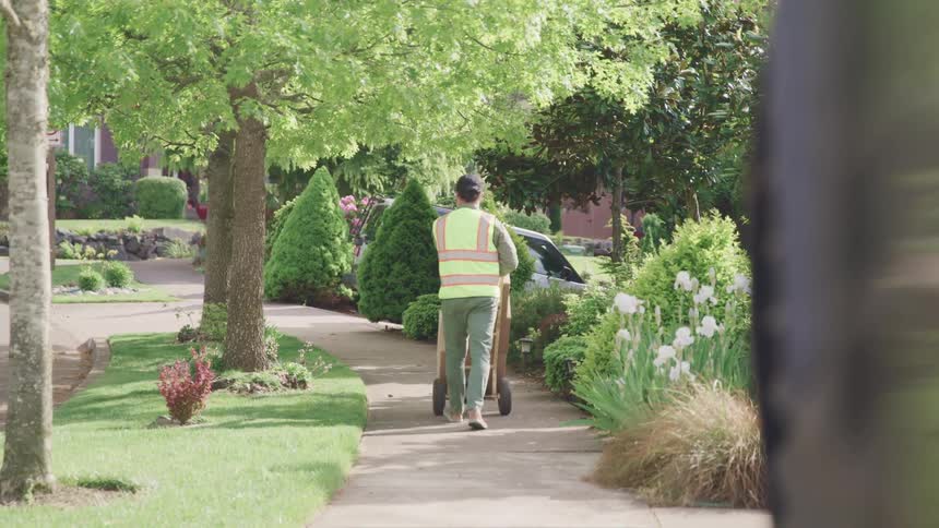 A man in a reflective safety vest pushes a push cart down a sidewalk