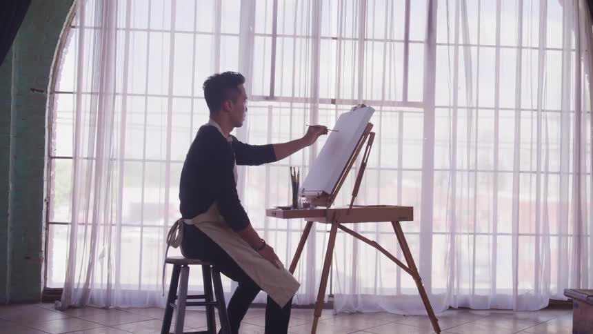 A man sitting on a stool painting on a canvas with a paintbrush