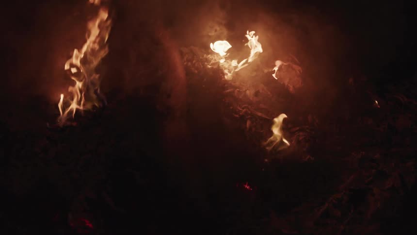A log is thrown onto a burning fire causing a large flare up that launches embers upwards