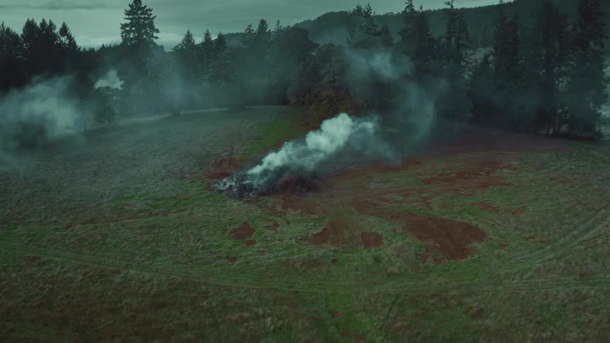 Smoke rises from a burnt out pile of wood in the middle of a field