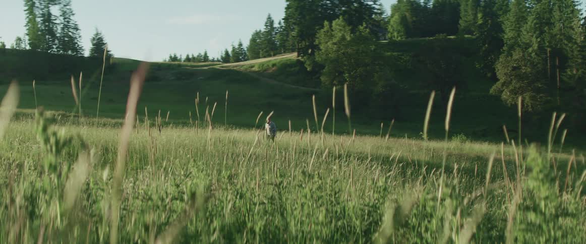 A man walks through a green field below a set of rolling hills on a sunny day