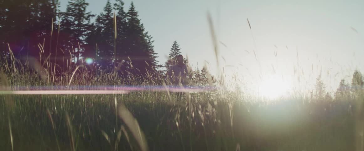 Middle aged man with a grey sweater stands in the tall grass as the sun shines brightly in the background