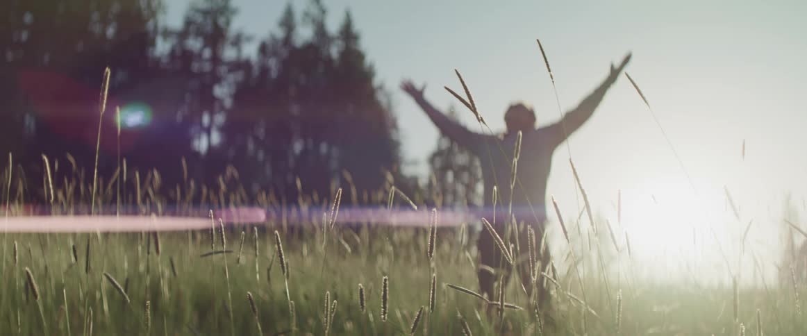 A man standing in a field of tall grass raises his arms to the sky while bathed in sunlight