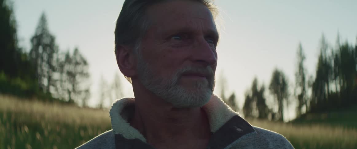 Middle aged man with a beard and a grey sweater sits in tall grass as the sun shines brightly in the background