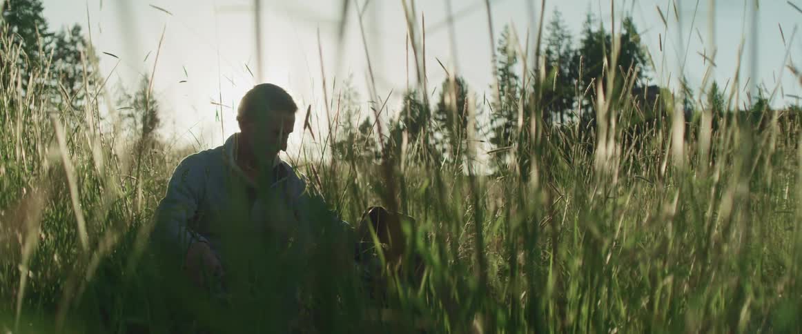 Man sits in meadow among tall grass with dog as sun glares behind him