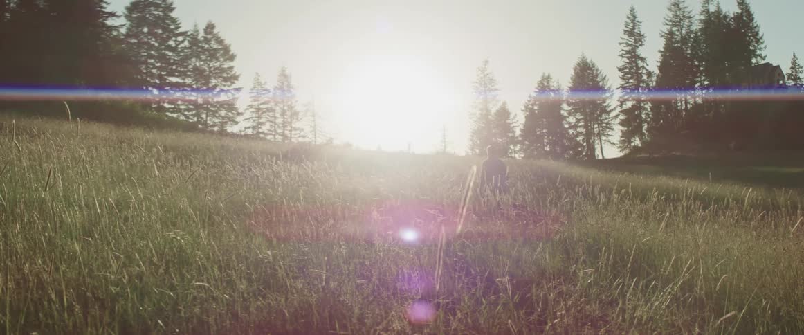 A person standing in a grass field with trees the sun and the sky in the background