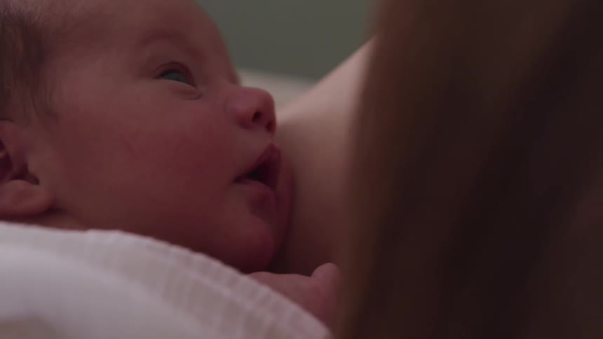 A baby is resting in someones arms