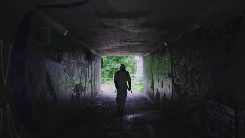 A person in a full protective suit walks through a tunnel and sprays insecticide