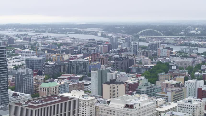 Light fog covers the city ahead