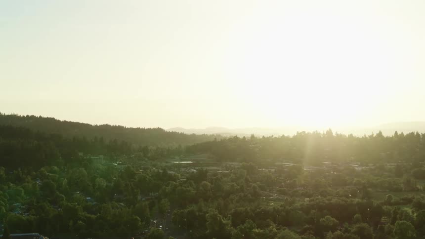 The sun is rising over the neighborhood