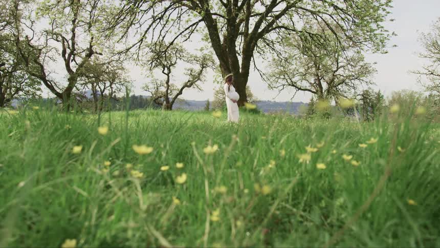 Pregnant woman with a white dress and long brown hair stands on the grass by a tree and holds her belly