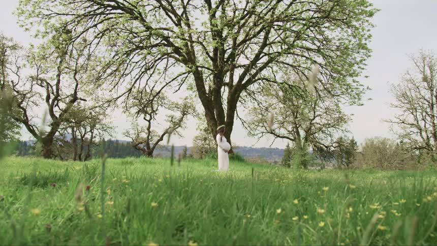Pregnant woman on a white long dress with a wreath on her head stands on a grass field