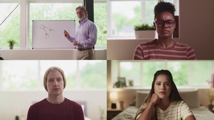 Students sit at home holding class with professor via video call
