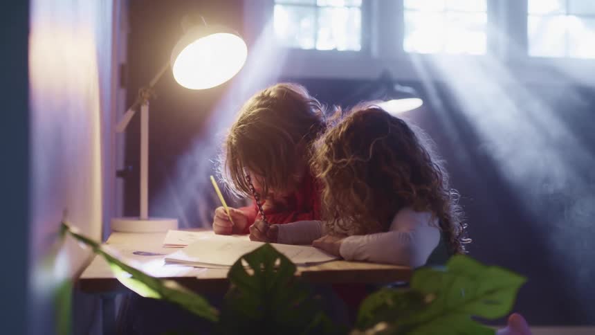 A pair of girls sit a desk in a dimly lit room and write in books