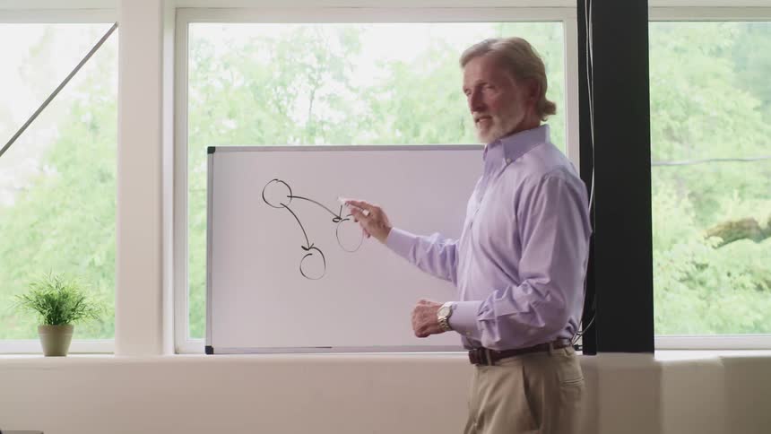 Man uses a white board while speaking on a meeting at the office