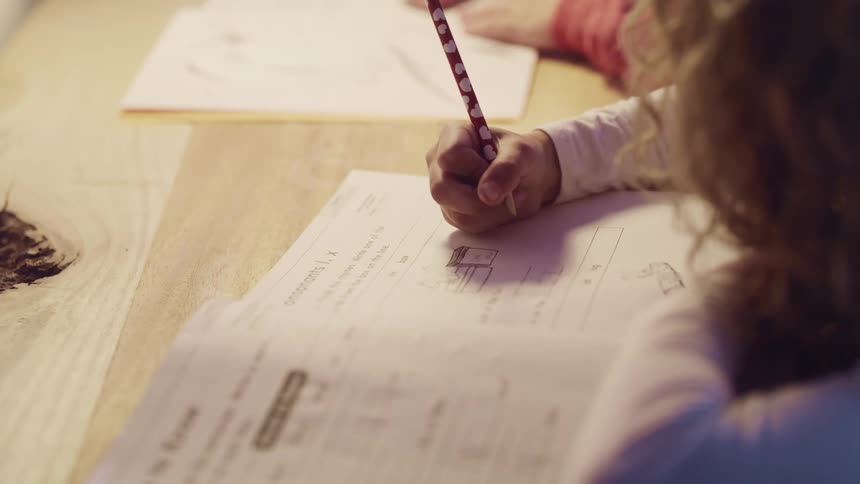 Young girl works in a school book with a pencil