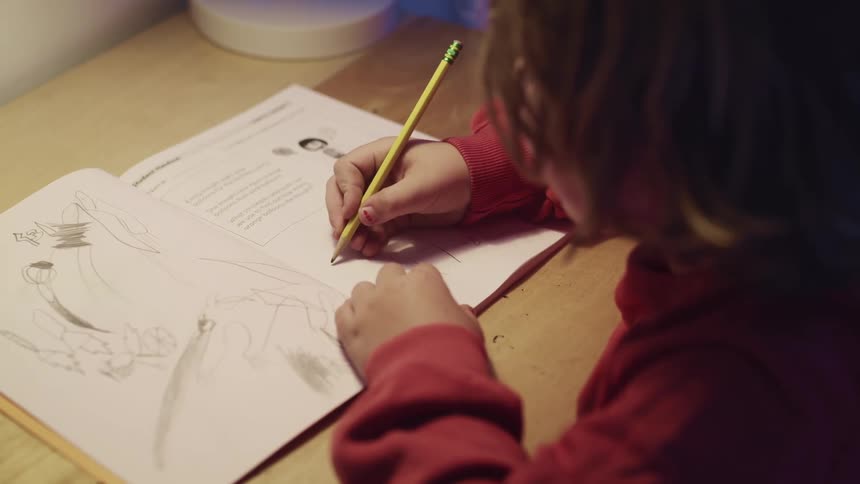 A youngster begins to sketch a drawing in their school workbook