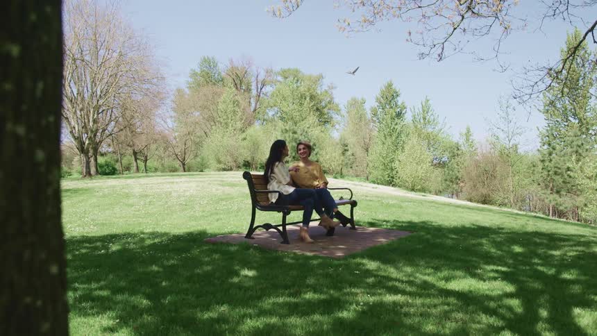 Two people sit in the park on a bench talking as a bird flies overhead