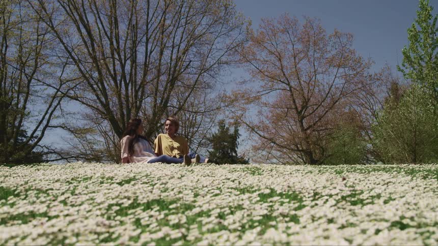 A couple sits in a meadow covered in white flowers