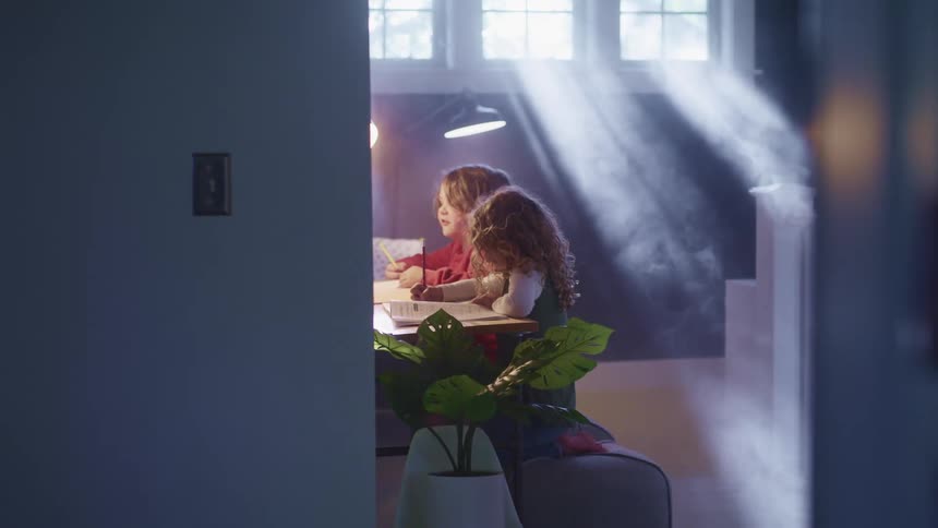 Two children sit at home and write in note books